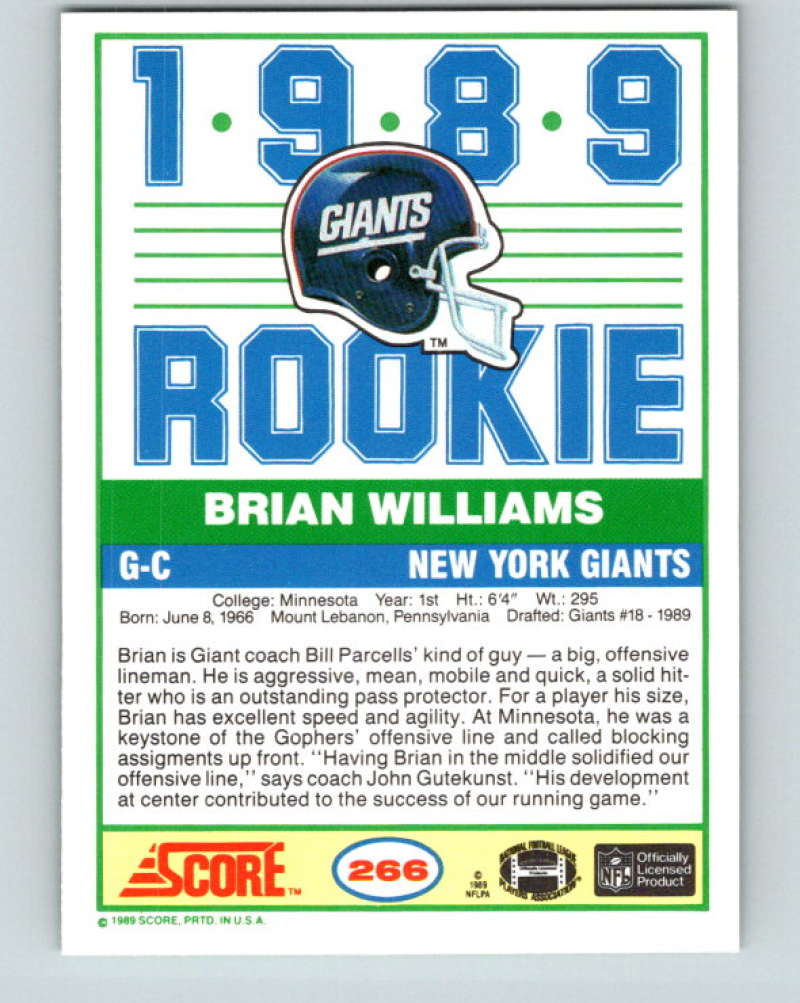 1989 Score #266 Brian Williams Mint RC Rookie New York Giants Image 2
