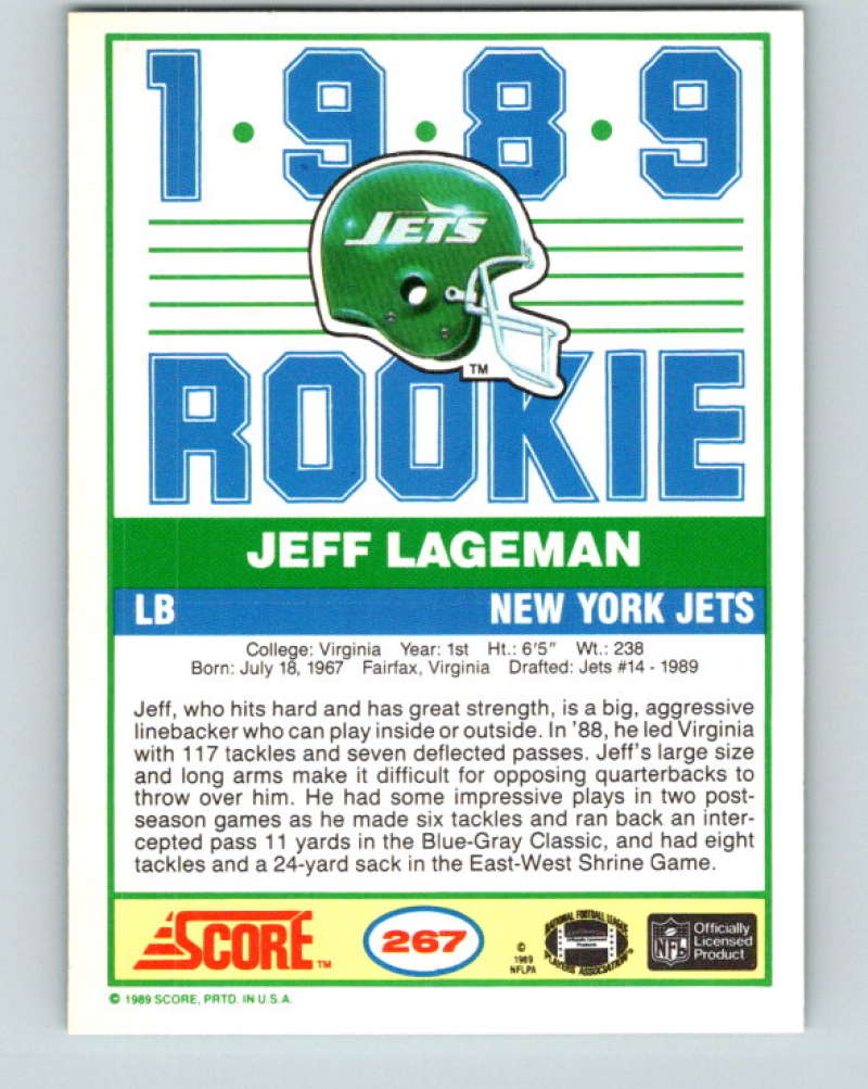1989 Score #267 Jeff Lageman Mint RC Rookie New York Jets Image 2