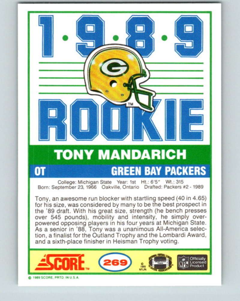 1989 Score #269 Tony Mandarich Mint RC Rookie Green Bay Packers