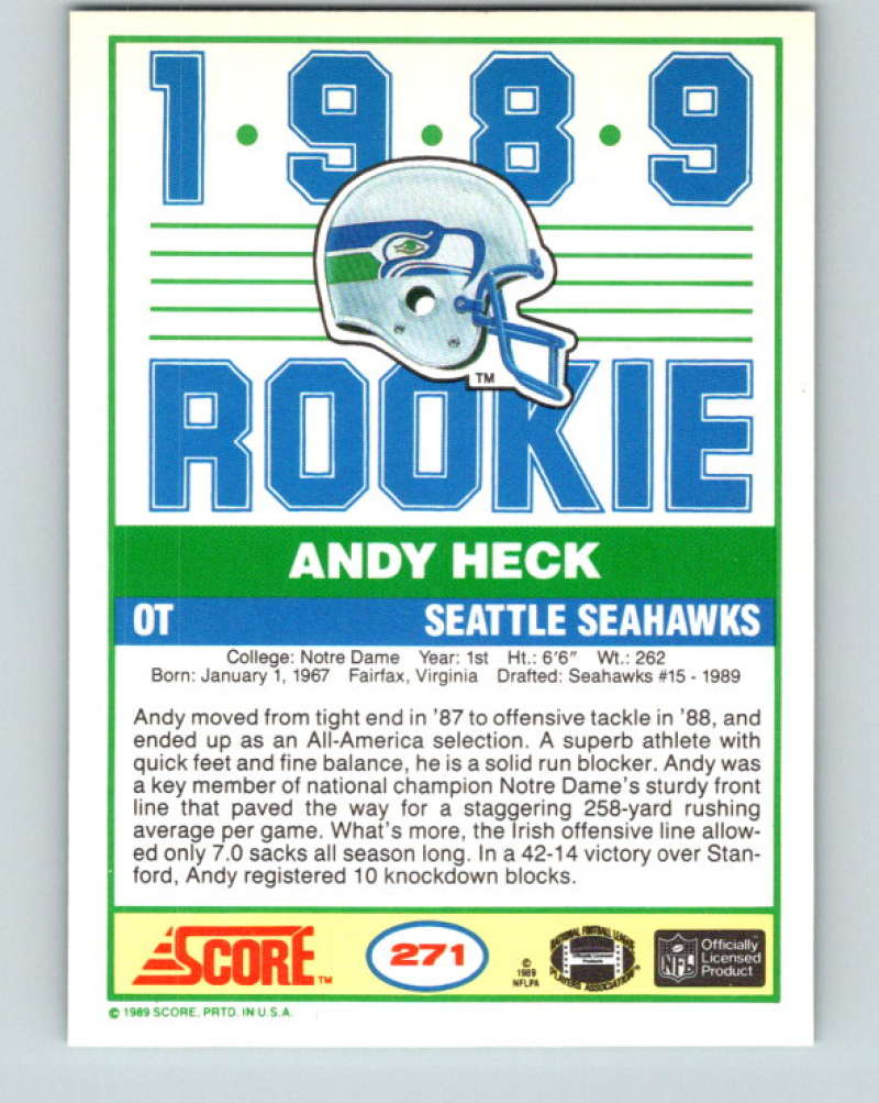 1989 Score #271 Andy Heck Mint RC Rookie Seattle Seahawks Image 2