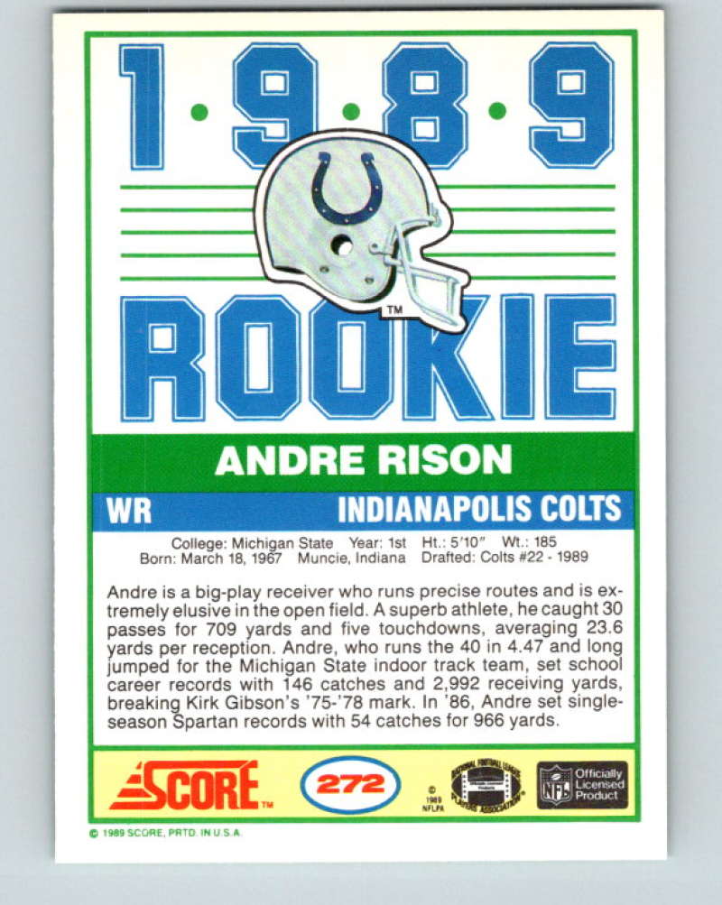1989 Score #272 Andre Rison Mint RC Rookie Indianapolis Colts Image 2