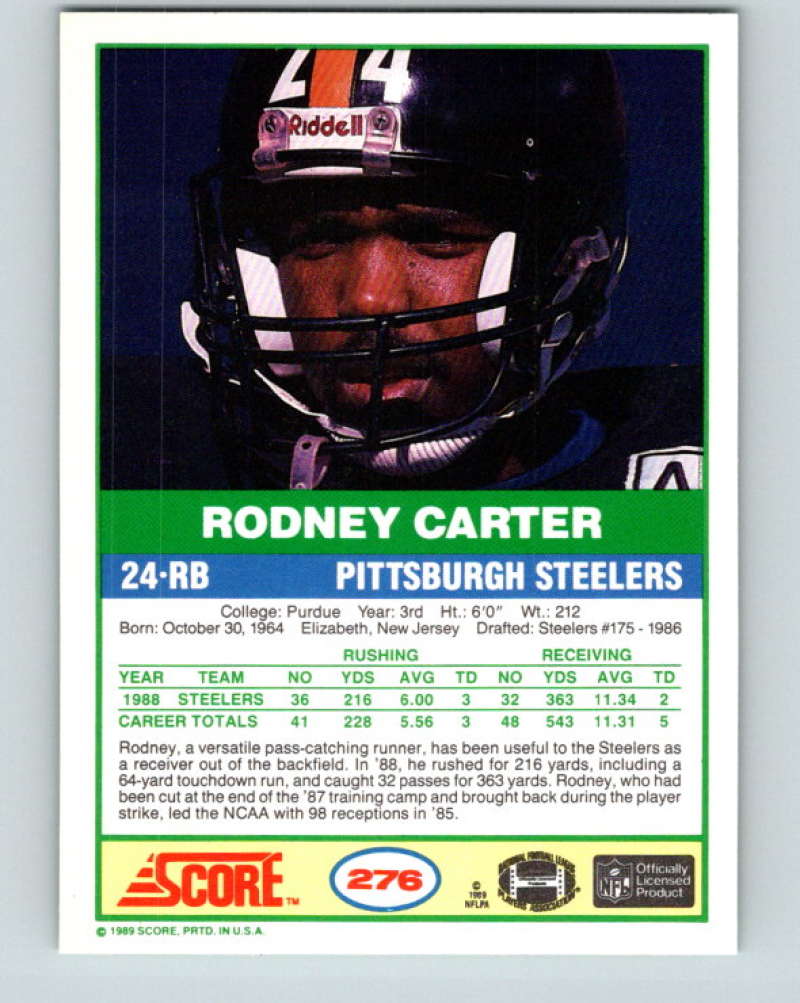 1989 Score #276 Rodney Carter Mint Pittsburgh Steelers Image 2