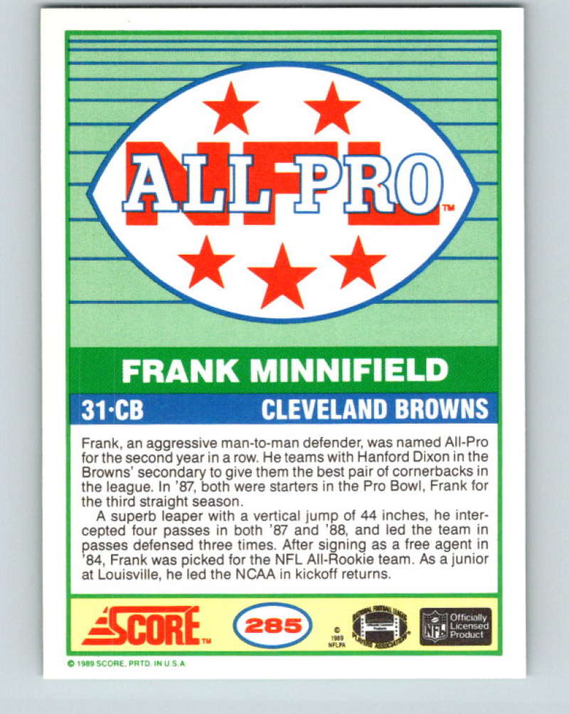 1989 Score #285 Frank Minnifield AP Mint Cleveland Browns Image 2