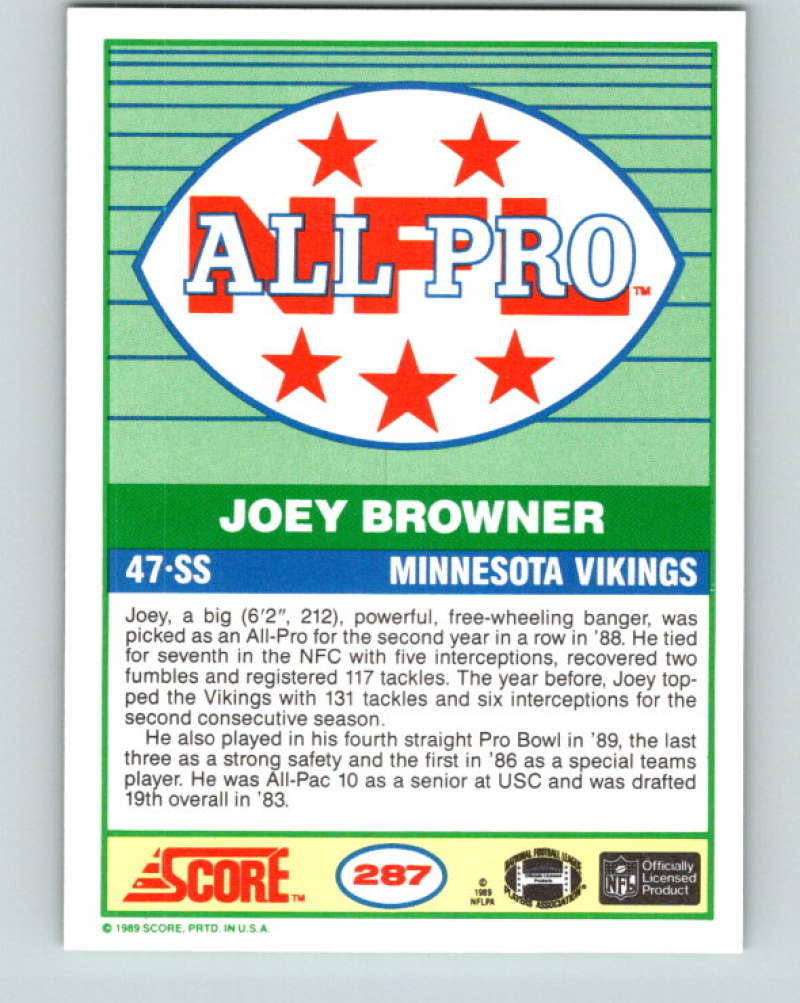 1989 Score #287 Joey Browner AP Mint Minnesota Vikings Image 2