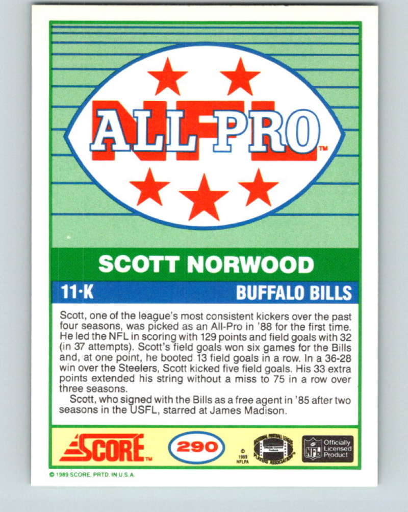 1989 Score #290 Scott Norwood AP Mint RC Rookie Buffalo Bills Image 2