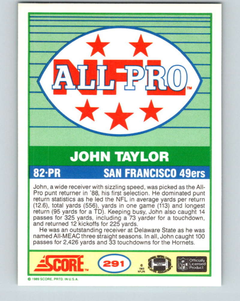 1989 Score #291 John Taylor AP Mint San Francisco 49ers Image 2