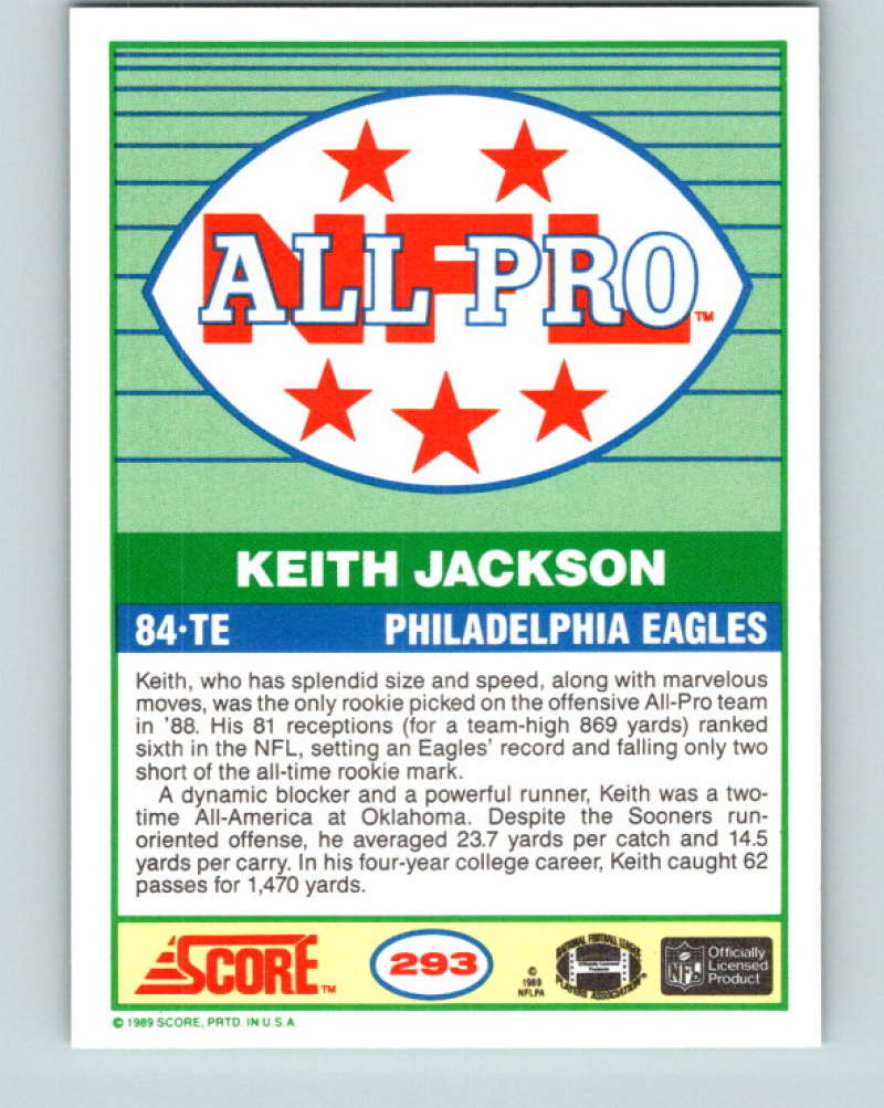 1989 Score #293a Keith Jackson ERR Mint Philadelphia Eagles Image 2