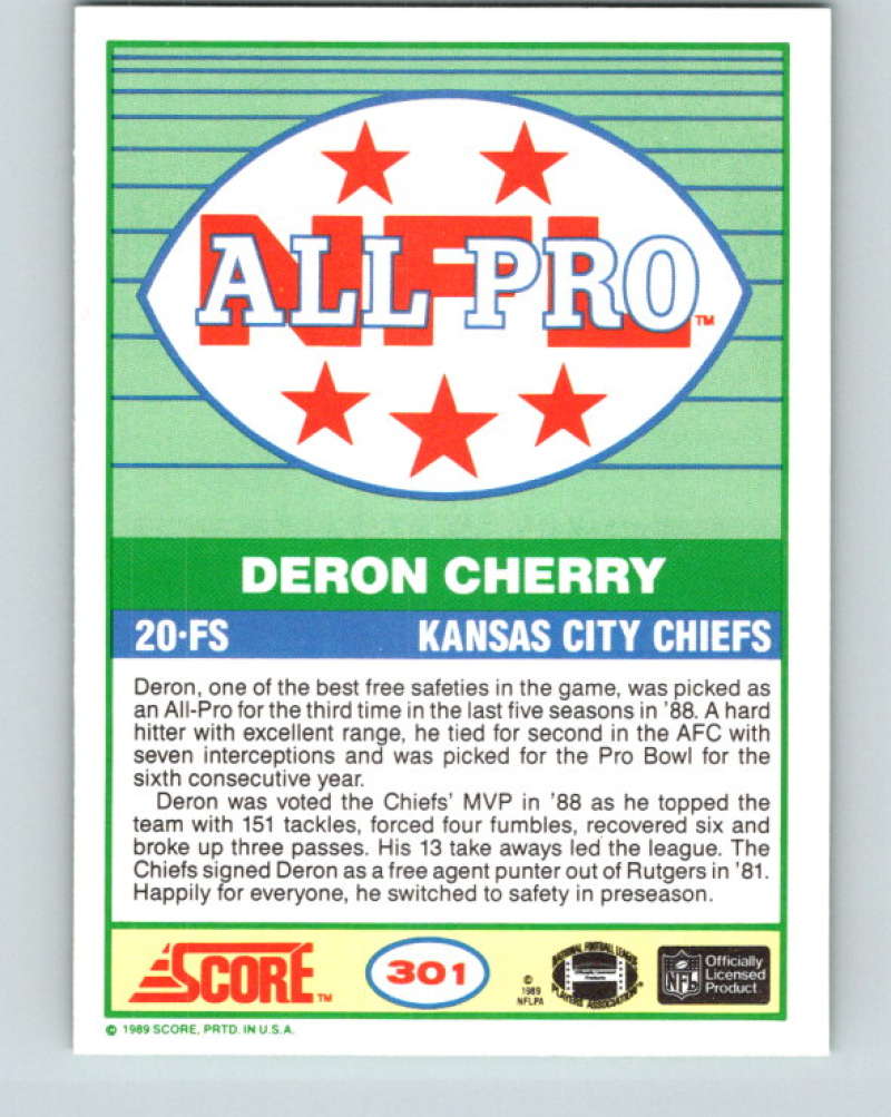 1989 Score #301 Deron Cherry AP Mint Kansas City Chiefs Image 2