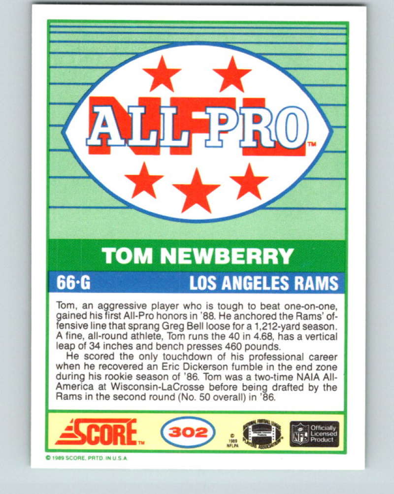 1989 Score #302 Tom Newberry AP Mint Los Angeles Rams Image 2