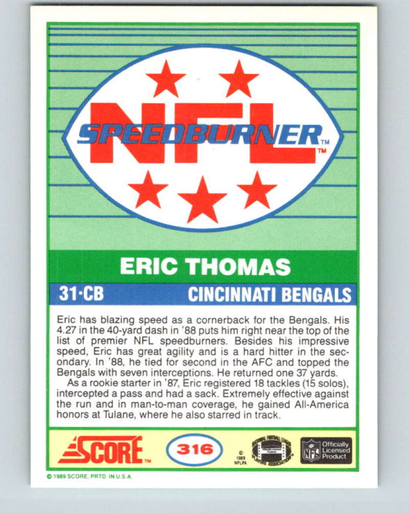 1989 Score #316a Eric Thomas ERR SB Mint RC Rookie Cincinnati Bengals Image 2