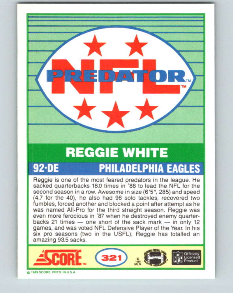 1989 Score #321 Reggie White P Mint Philadelphia Eagles Image 2