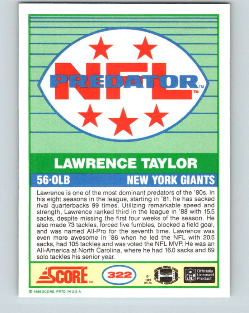 1989 Score #322 Lawrence Taylor P Mint New York Giants