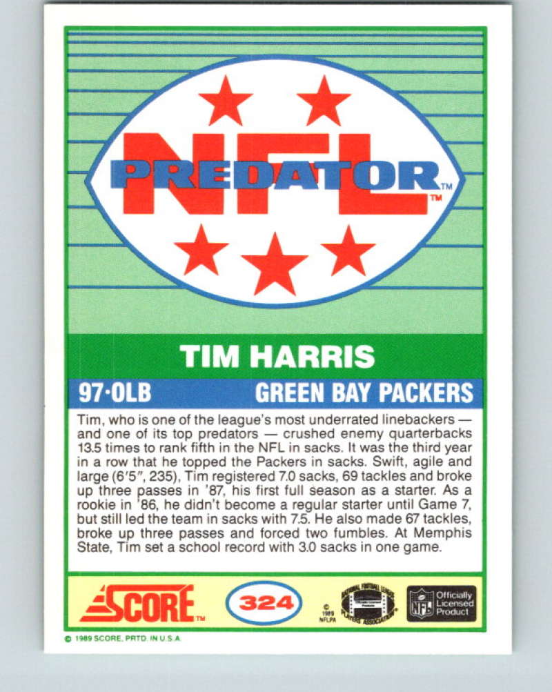 1989 Score #324 Tim Harris P Mint Green Bay Packers Image 2