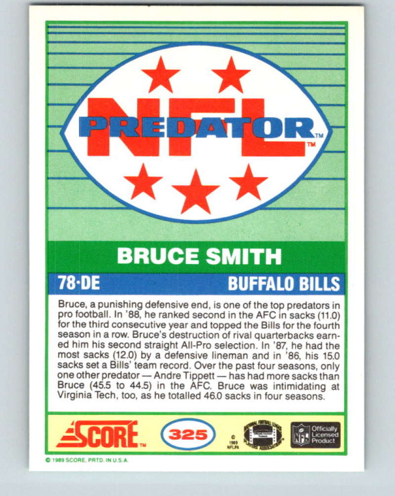 1989 Score #325 Bruce Smith P Mint Buffalo Bills Image 2