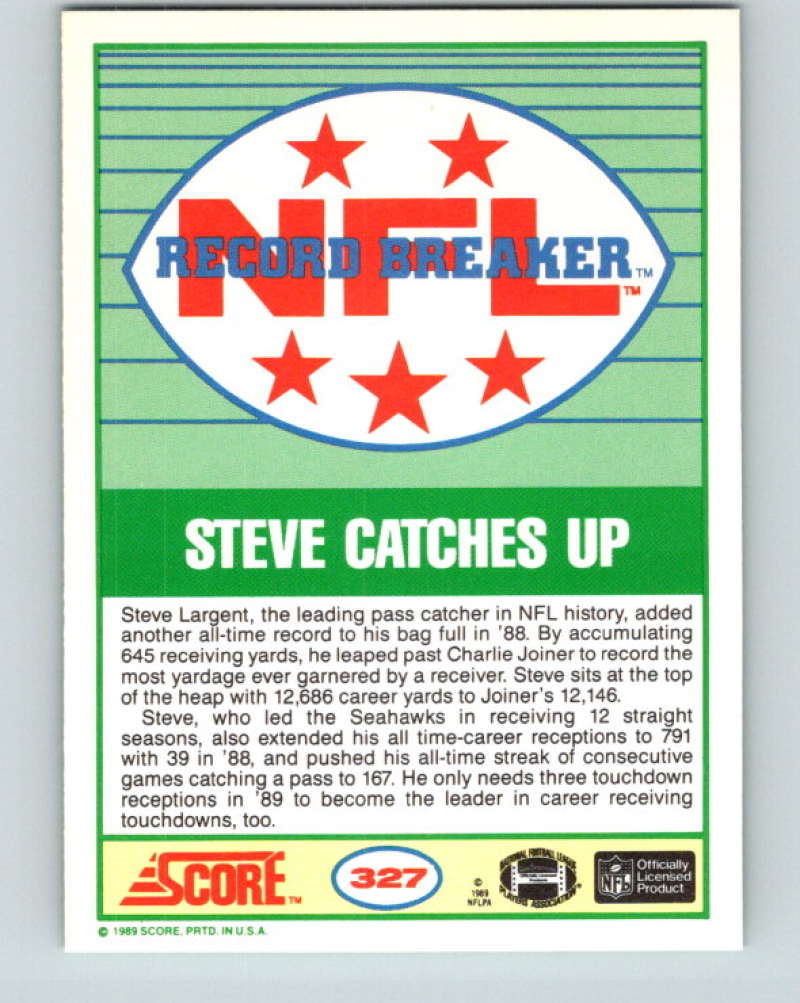 1989 Score #327 Steve Largent RB Mint Seattle Seahawks Image 2