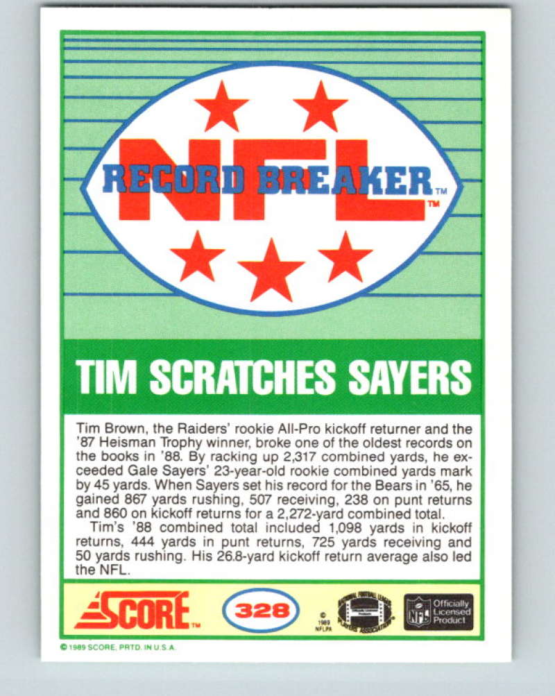 1989 Score #328 Tim Brown RB Mint Los Angeles Raiders Image 2