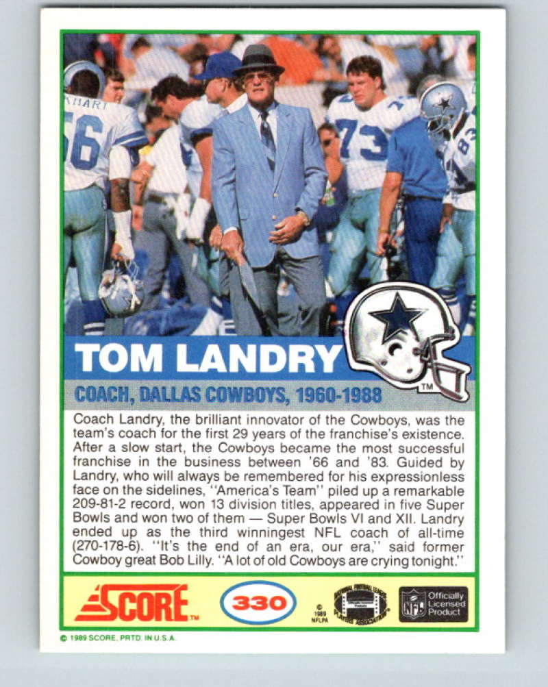 1989 Score #330 Tom Landry Mint Dallas Cowboys Image 2