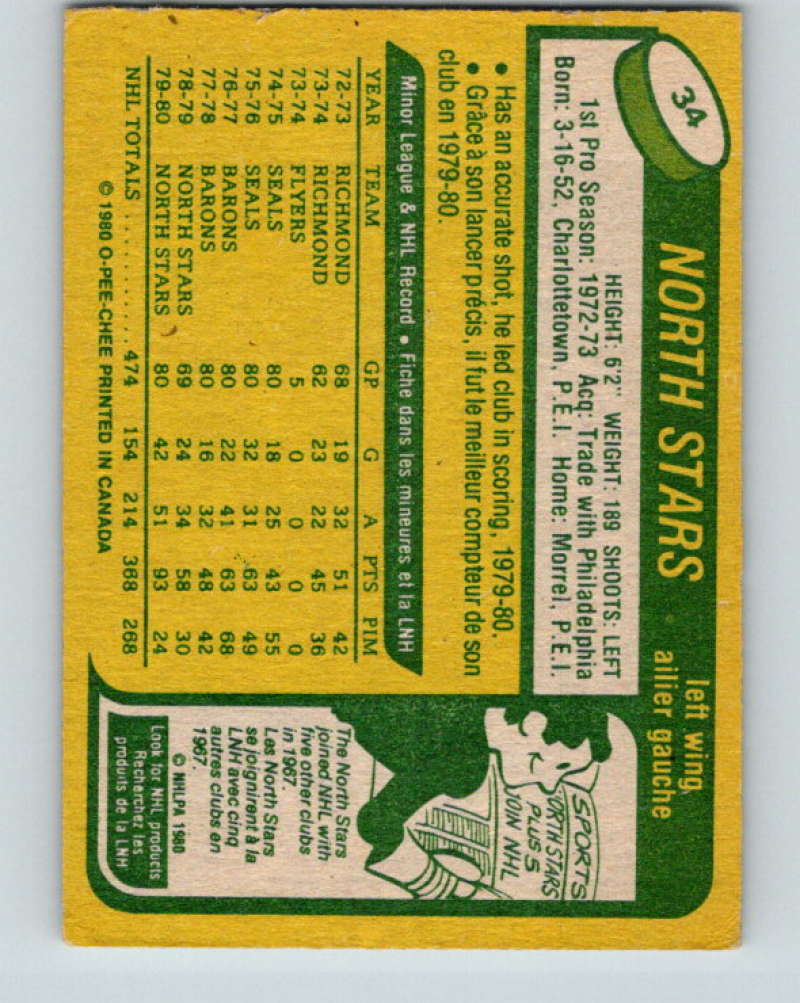 1980-81 O-Pee-Chee #34 Al MacAdam NHL Minnesota North Stars 7791 Image 2