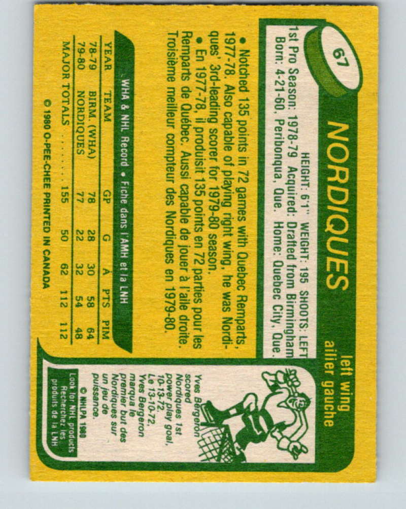 1980-81 O-Pee-Chee #67 Michel Goulet NHL RC Rookie Quebec Nordiques 7824