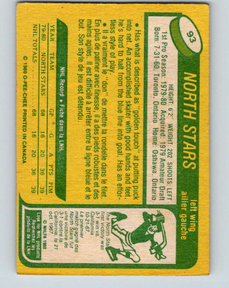 1980-81 O-Pee-Chee #93 Tom McCarthy NHL RC Rookie Stars 7850 Image 2