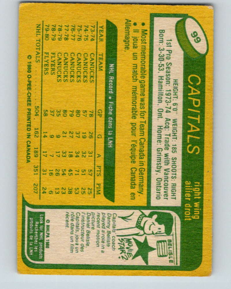 1980-81 O-Pee-Chee #99 Dennis Ververgaert NHL Washington Capitals 7856 Image 2