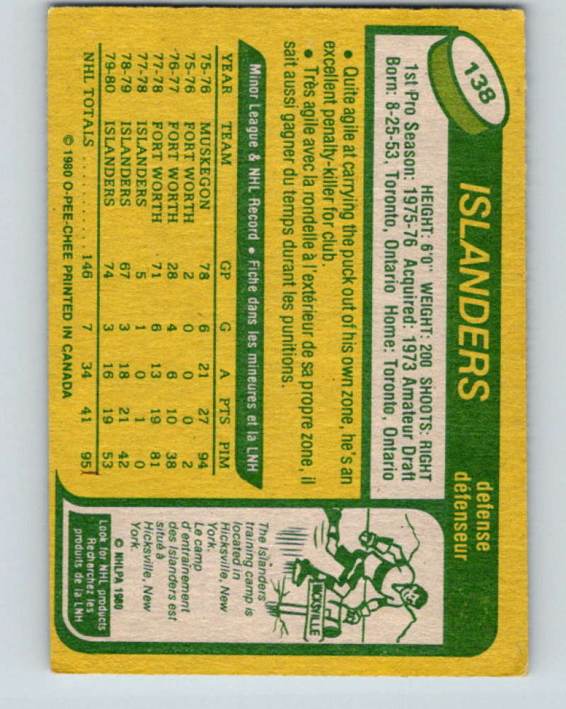 1980-81 O-Pee-Chee #138 Bob Lorimer NHL New York Islanders 7895 Image 2