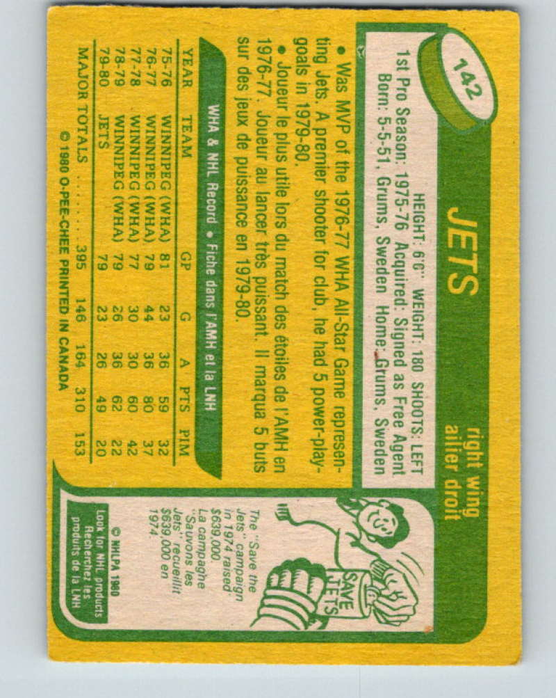 1980-81 O-Pee-Chee #142 Willy Lindstrom NHL Winnipeg Jets 7899 Image 2