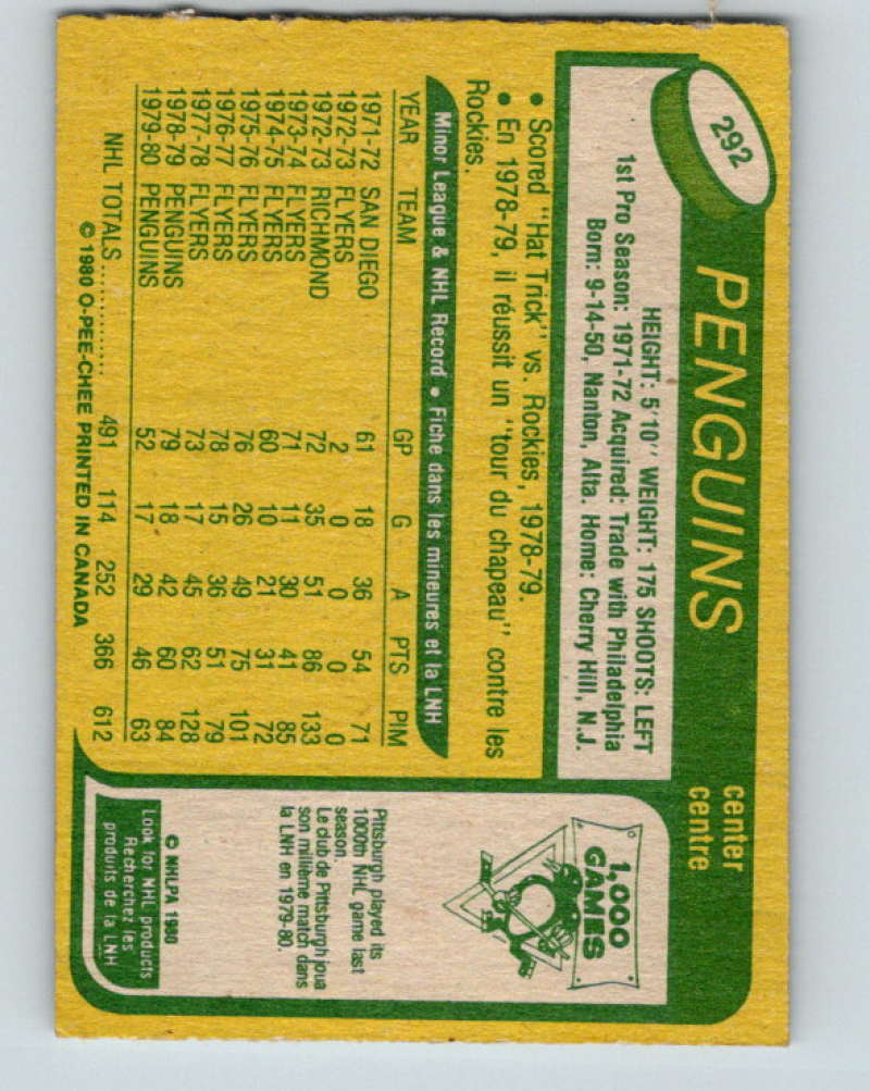 1980-81 O-Pee-Chee #292 Orest Kindrachuk NHL Pittsburgh Penguins 8049 Image 2