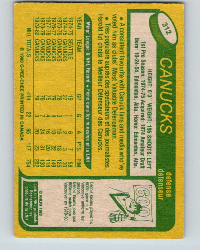 1980-81 O-Pee-Chee #312 Harold Snepsts NHL Vancouver Canucks 8069 Image 2