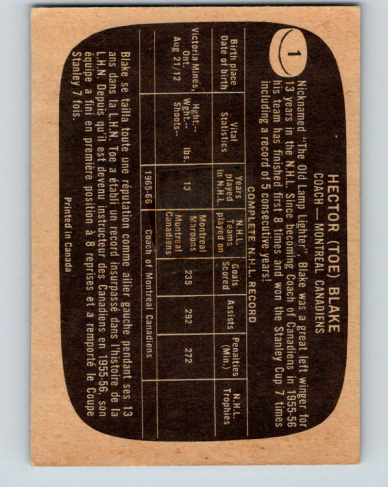 1966-67 Topps #1 Toe Blake CO NHL Montreal Canadiens 8154