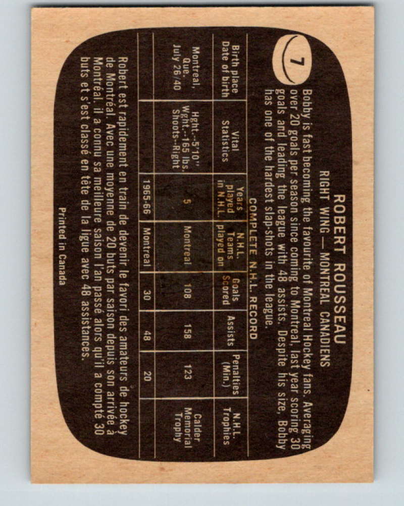 1966-67 Topps #7 Bobby Rousseau NHL Montreal Canadiens 8155