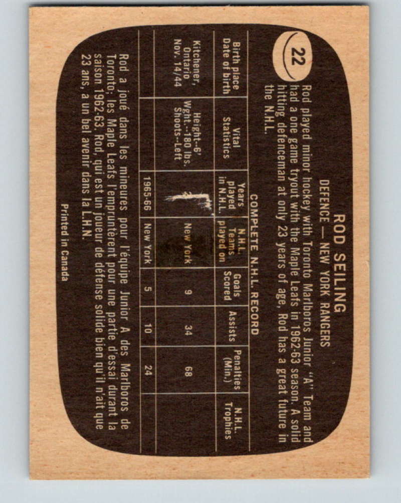 1966-67 Topps #22 Rod Seiling NHL New York Rangers 8157 Image 2