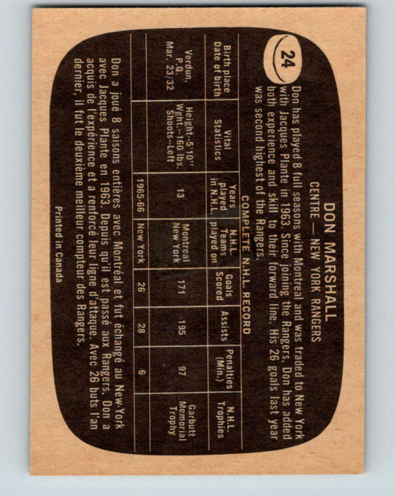 1966-67 Topps #24 Don Marshall NHL New York Rangers 8159 Image 2