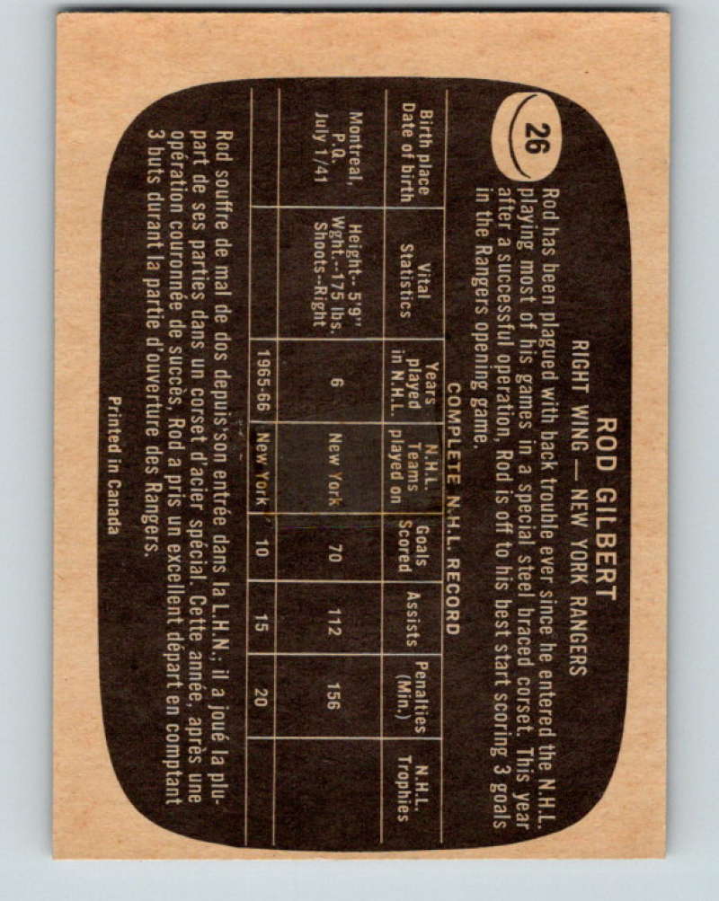 1966-67 Topps #26 Rod Gilbert NHL New York Rangers 8160