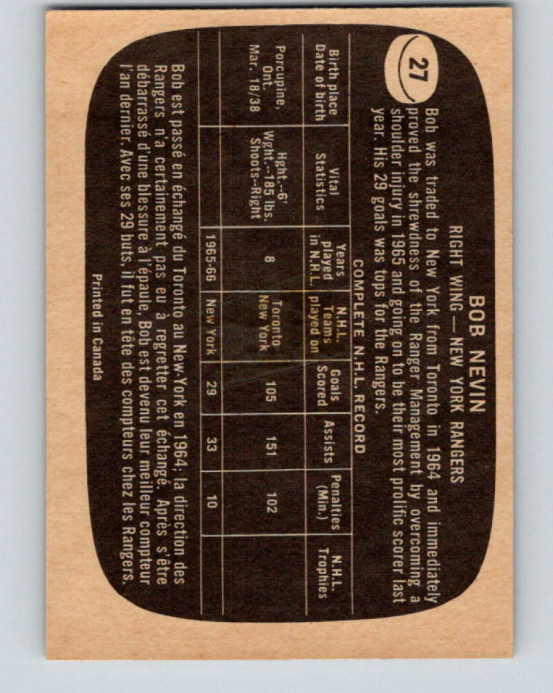 1966-67 Topps #27 Bob Nevin NHL New York Rangers 8161 Image 2
