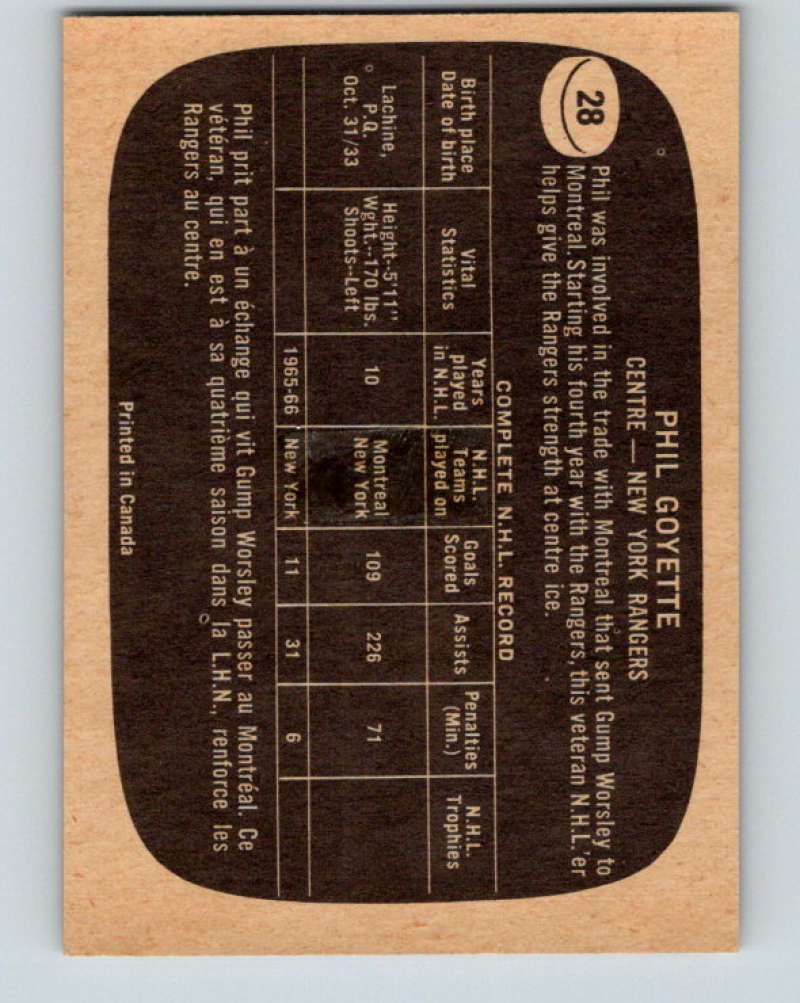 1966-67 Topps #28 Phil Goyette NHL New York Rangers 8162
