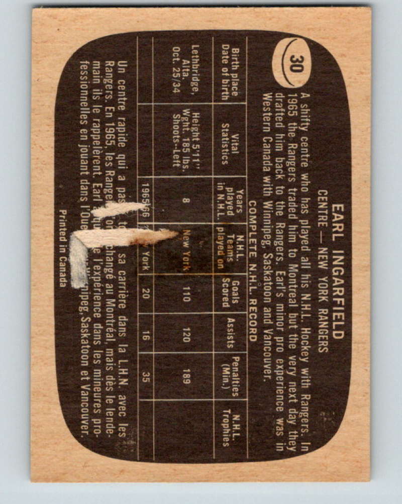 1966-67 Topps #30 Earl Ingarfield NHL New York Rangers 8163