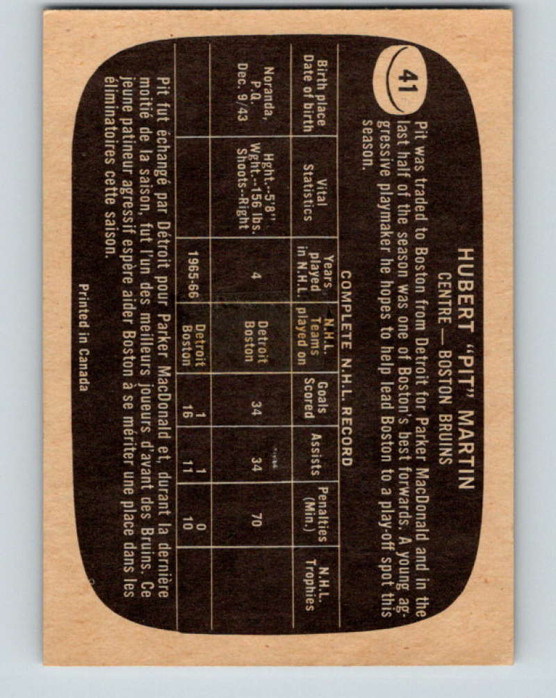 1966-67 Topps #41 Pit Martin NHL Boston Bruins 8166 Image 2