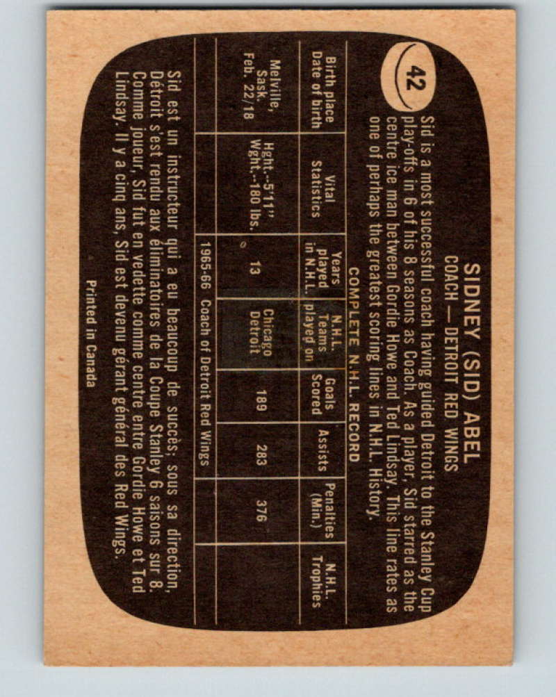 1966-67 Topps #42 Sid Abel CO NHL Detroit Red Wings 8167