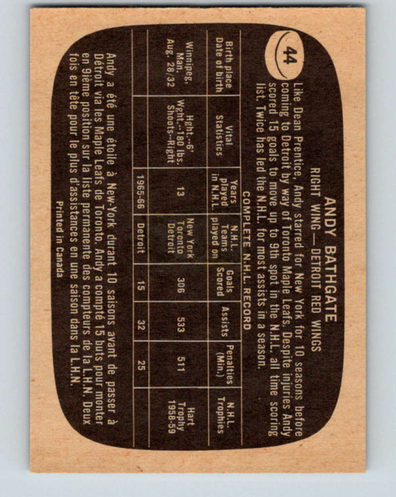 1966-67 Topps #44 Andy Bathgate NHL Detroit Red Wings 8168