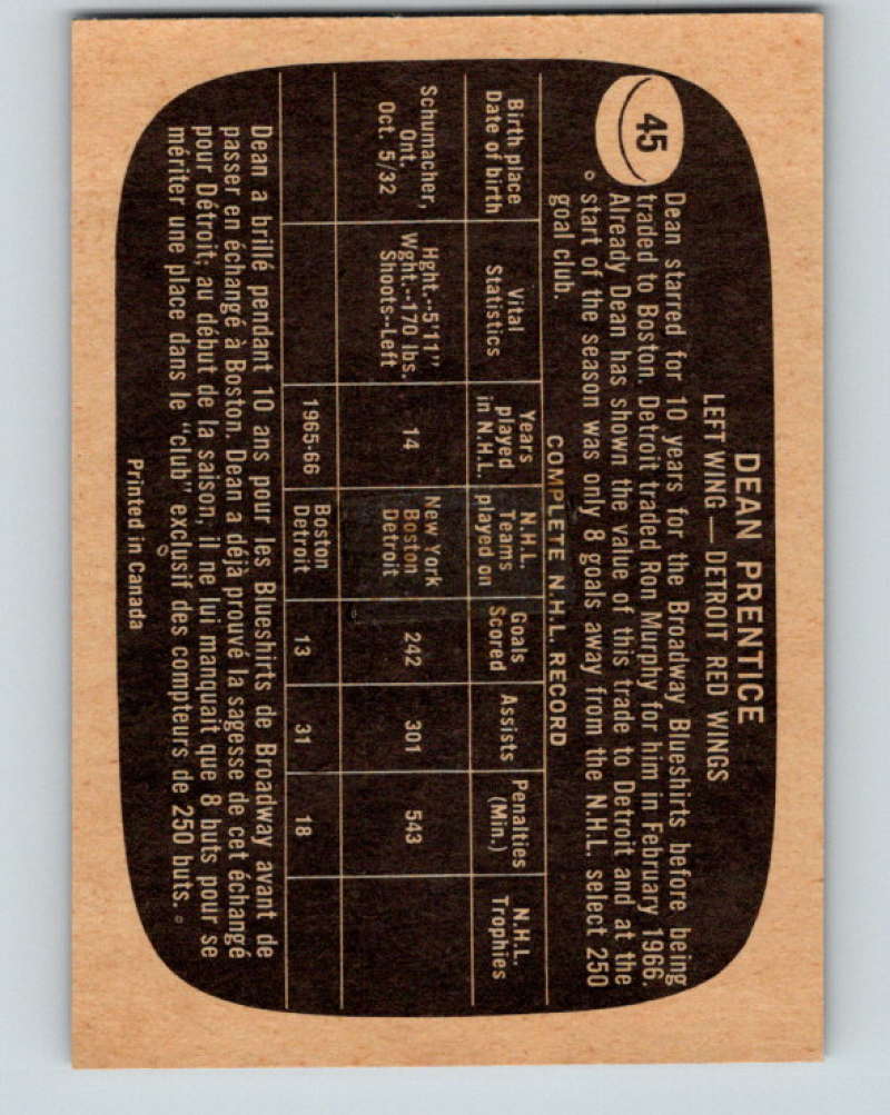 1966-67 Topps #45 Dean Prentice NHL Detroit Red Wings 8169