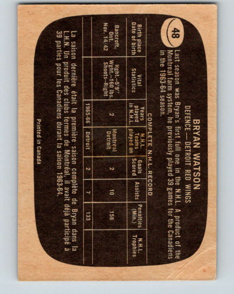 1966-67 Topps #48 Bryan Watson NHL Detroit Red Wings 8171 Image 2