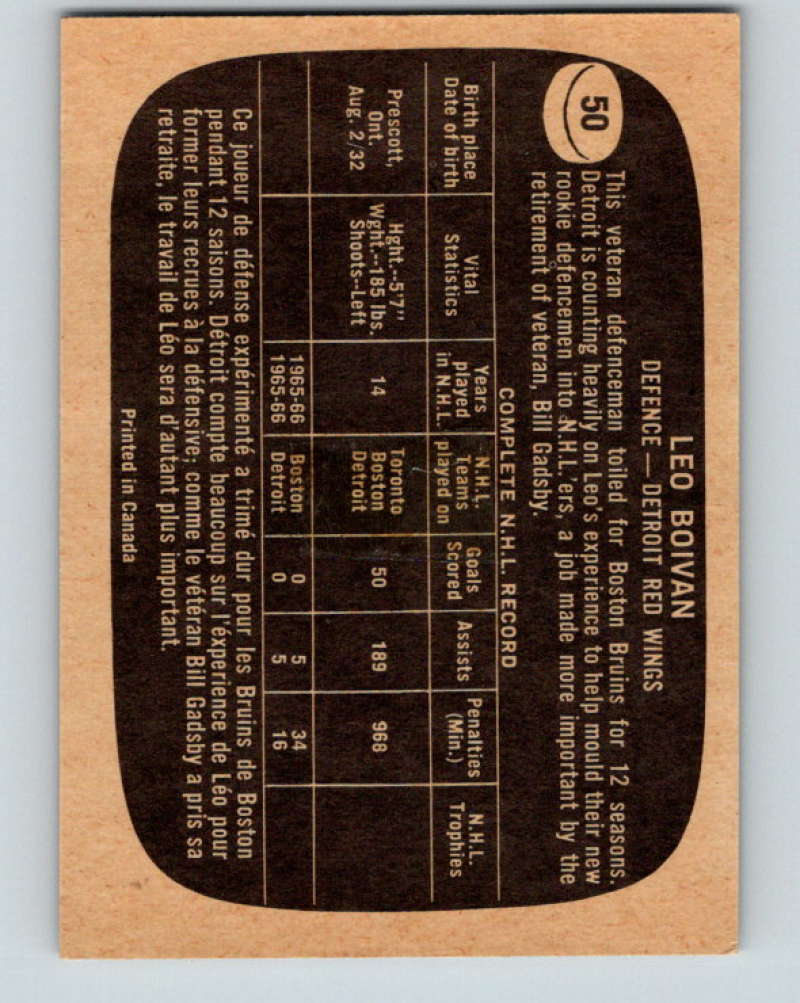 1966-67 Topps #50 Leo Boivin NHL Detroit Red Wings 8172
