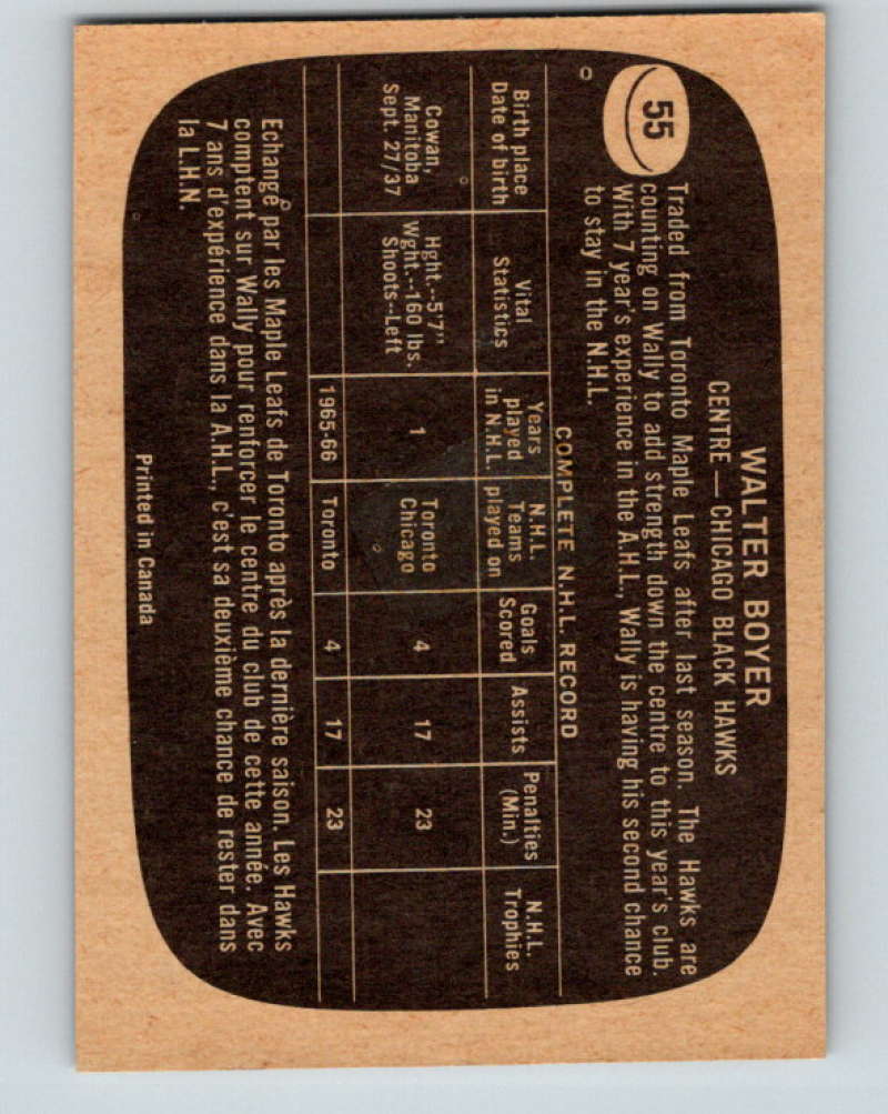 1966-67 Topps #55 Wally Boyer NHL RC Rookie Chicago Blackhawks 8175