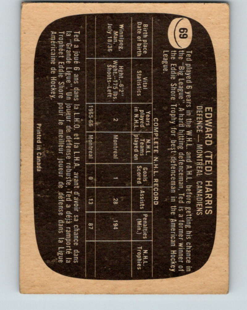 1966-67 Topps #69 Ted Harris NHL Montreal Canadiens 8180 Image 2