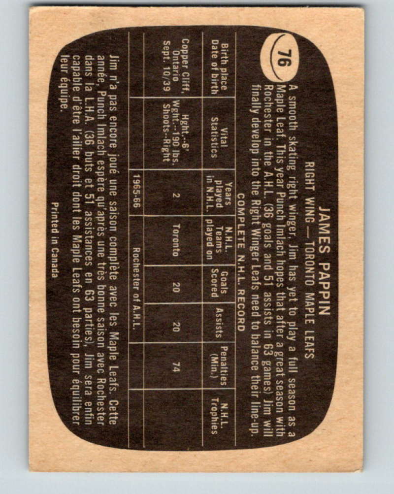 1966-67 Topps #76 Jim Pappin NHL Toronto Maple Leafs 8182