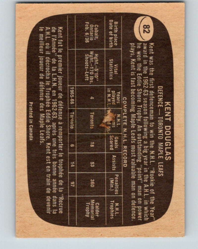 1966-67 Topps #82 Kent Douglas NHL Toronto Maple Leafs 8183