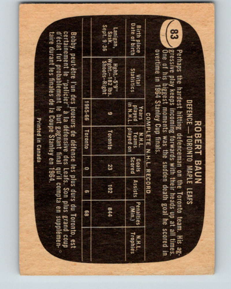 1966-67 Topps #83 Bob Baun NHL Toronto Maple Leafs 8184