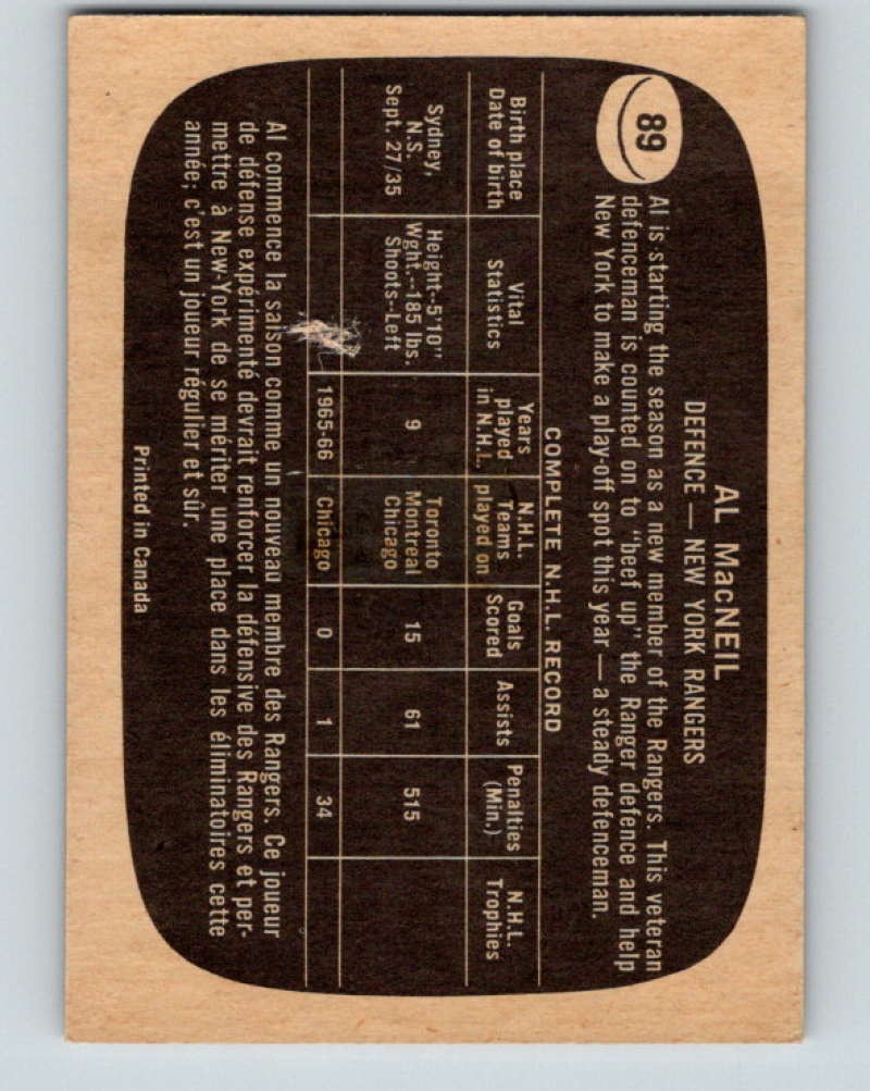 1966-67 Topps #89 Al MacNeil NHL New York Rangers 8187