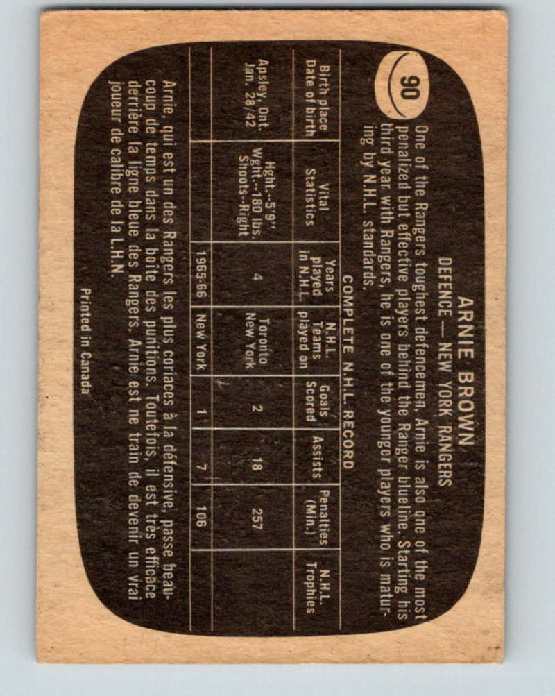 1966-67 Topps #90 Arnie Brown NHL New York Rangers 8188